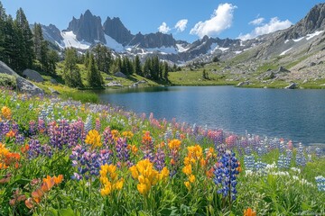 Wall Mural - Wildflowers blooming by an alpine lake in the sierra nevada mountains