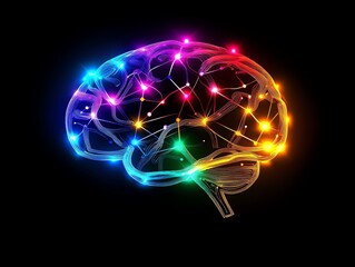 Poster - A glowing, colorful human brain on a black background, representing the idea of intelligence, creativity, and neurological networks.