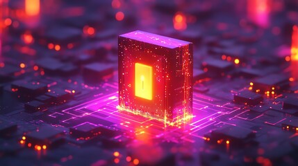 Aufkleber - A glowing, transparent cube with a keyhole icon sits atop a circuit board, illuminated by vibrant neon lights.