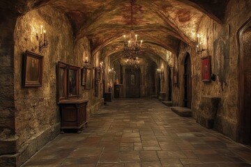 Poster - Medieval castle corridor with paintings and candelabra lighting