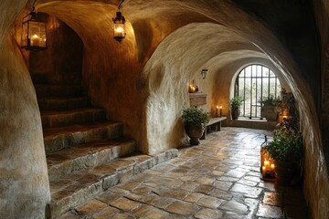 Poster - Stone staircase leading up in an ancient vaulted cellar with lanterns and candles