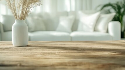 A simple white vase with dried grass on a rustic wooden table, set against the backdrop of a blurred white sofa. The scene exudes calmness and simplicity.