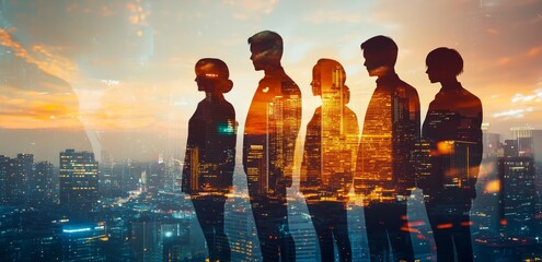 Poster - Silhouettes of Different Professionals Standing Strongly Against a Stunning Cityscape A Business Perspective Deeply Focused on Achievement and Ambition in Todays Competitive Environment