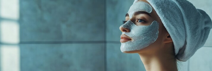 Poster - Young woman with a towel on her head is applying a white cosmetic mask on her face, enjoying a moment of relaxation and self care in the bathroom