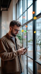 Poster - Young entrepreneur is using smartphone for social media marketing and checking messages while standing next to a large window in modern office