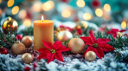 Sticker - Festive table setting with candles and ornaments, soft lights glowing in the background.