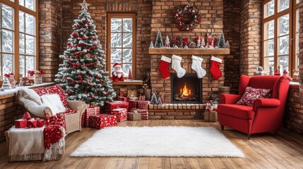 Cozy Christmas setting with a glowing fireplace, adorned tree and a red chair.