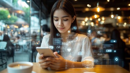 Aufkleber - Young woman is using smartphone with augmented reality futuristic icons of social media and marketing apps while sitting in cafe
