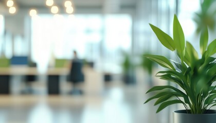 Poster - Contemporary Open-Plan Business Office Interior With Blurred Bokeh Light, Featuring Desks, Seating, Computers, And Greenery. Empty Space For Copy.