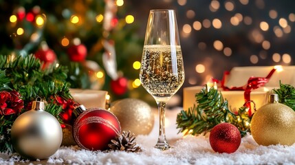 Sticker - Festive glass of champagne on a table adorned with Christmas decorations.