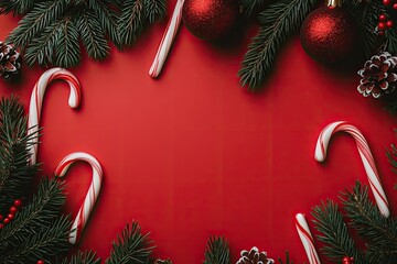 Wall Mural - a red background adorned with a candy cane and christmas decorations, with additional pine cones and