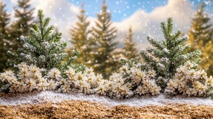 Wall Mural - Winter wonderland with snowflakes and pine trees under a white blanket.