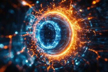 Fototapete - Dynamic abstract vortex illuminated by blue and orange lights in a futuristic digital environment