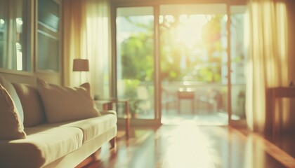 Poster - Morning Sunlit Living Room With Large Window For Relaxing At Home. Softly Blurred Interior In White And Bright Tones. Perfect For Ambiance.