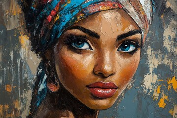  Oil painting representing a beautiful african american woman wearing a colorful headscarf and earrings