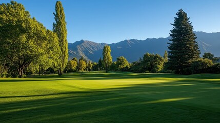 Wall Mural - A picturesque golf course with lush green grass and a backdrop of majestic mountains under a clear blue sky. The scene evokes a sense of tranquility, recreation, and the beauty of nature.