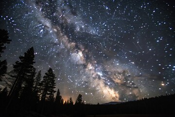 Wall Mural - starry night sky with dense cluster of stars in a black velvet background, perspective, dark blue, s