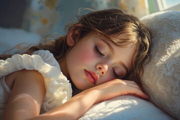 A little girl sleeping on a bed with her eyes closed