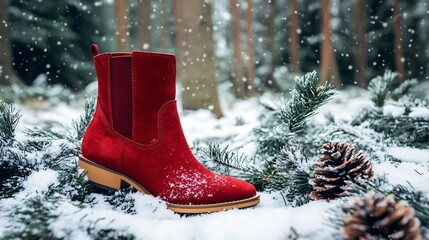 Wall Mural - Classic ankle boots in deep red suede, isolated with scattered pine needles and subtle snowy touches