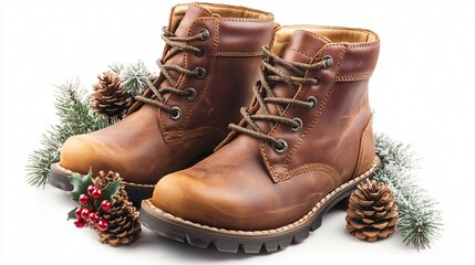 Wall Mural - Classic leather boots with thick soles, isolated with subtle winter decor elements like pinecones and holly leaves