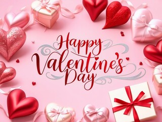 Wall Mural - Happy valentines day vector background. Happy valentines day greeting text with hearts and gifts elements in pink space background template. Vector illustration