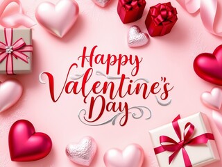 Wall Mural - Happy valentines day vector background. Happy valentines day greeting text with hearts and gifts elements in pink space background template. Vector illustration