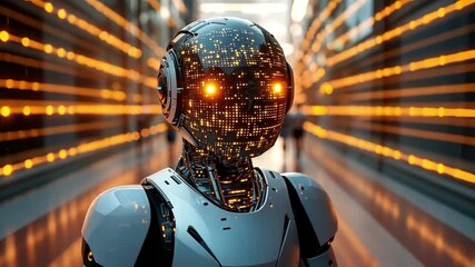 Poster - Futuristic humanoid robot with glowing features in a modern corridor illuminated by LED lights