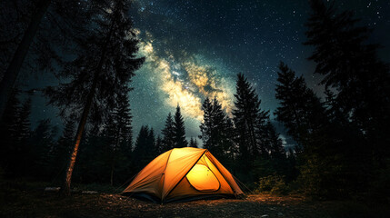 Poster - Camping tent glowing under a breathtaking starry sky and the milky way in a serene forest at night
