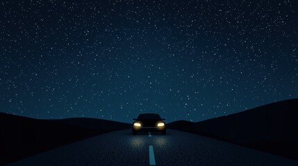 Wall Mural - A car is driving down a road at night with a starry sky in the background