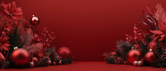 Aufkleber - Red Christmas ornaments and greenery are arranged on a red surface, creating a festive holiday backdrop