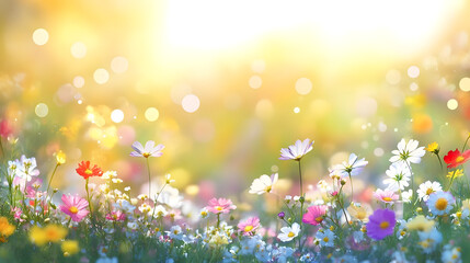 Wall Mural - Colorful flower meadow with sunbeams and bokeh lights in summer - nature background banner with copy space - summer greeting card wildflowers spring concept
