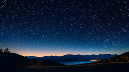 Wall Mural - a movement of stars in the night sky with the view of mountains.