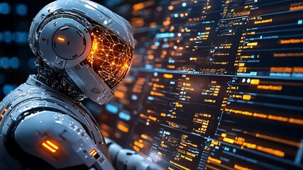 Poster - Futuristic robot analyzing complex data in a high-tech digital environment at night