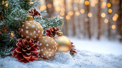 Wall Mural - Three Christmas ornaments and pine cones on a snowy surface.