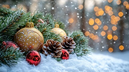 Wall Mural - christmas decoration nestled in snow beside pine cones.