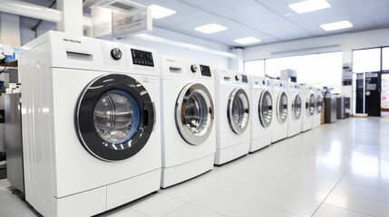 Wall Mural - A sleek row of state-of-the-art washing machines in a bright, contemporary showroom, exemplifying modern efficiency and innovative home technology.