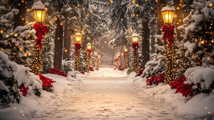 Wall Mural - Snowy path lined with twinkling Christmas lights and vibrant poinsettias.