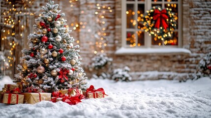 Wall Mural - a quaint christmas tree adorned with gifts nestled in a snowy landscape.