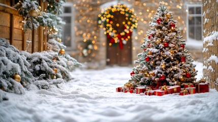Wall Mural - small christmas tree adorned with gifts, nestled in a snowy landscape.