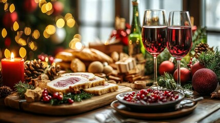 Wall Mural - Two glasses of wine beside a gourmet meal on an elegant table setup.