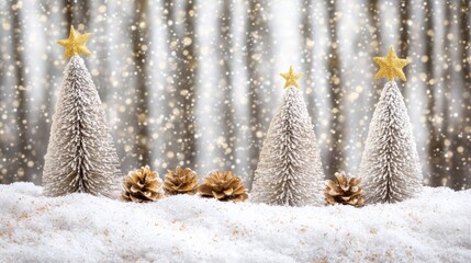 Wall Mural - three small trees topped with gold stars stand in a snowy landscape.
