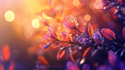 Wall Mural - close-up of dewy leaves with warm light bokeh