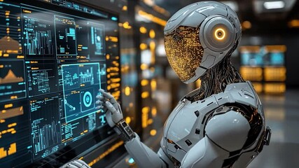 Poster - A humanoid robot interacts with advanced technology in a futuristic laboratory setting