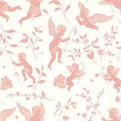 Poster - Delicate and charming romantic seamless pattern featuring playful cherubs, flowers, branches, and hearts in pink silhouettes