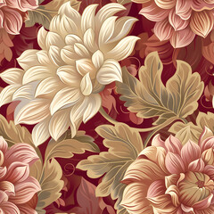 Poster - Seamless repeating pattern with large stylized chrysanthemum flowers and ornate leaves on a luxurious red background