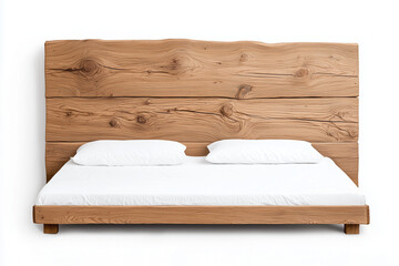 Wall Mural - Double Bed Made of Solid Wood with White Bedding, Isolated on White Background