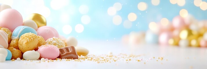 Wall Mural - Colorful pastel candies and chocolates on a soft blue background with festive bokeh lights, evoking a sweet and joyful atmosphere.