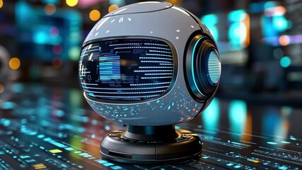 Poster - A futuristic robot orb displaying data streams on a digital surface in a tech-savvy environment