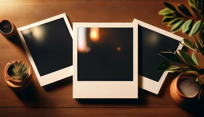 photo polaroid frames mockup on the wooden table generative ai