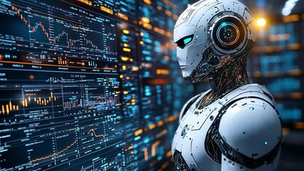 Poster - Robot analyzing financial data in a high-tech environment during a futuristic business setting